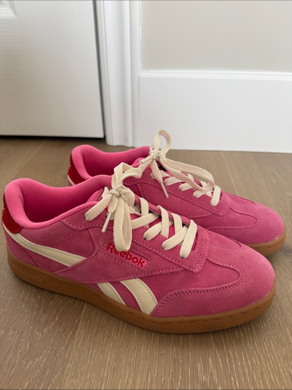 Reebok Pink Suede Sneakers with Cream Accents
